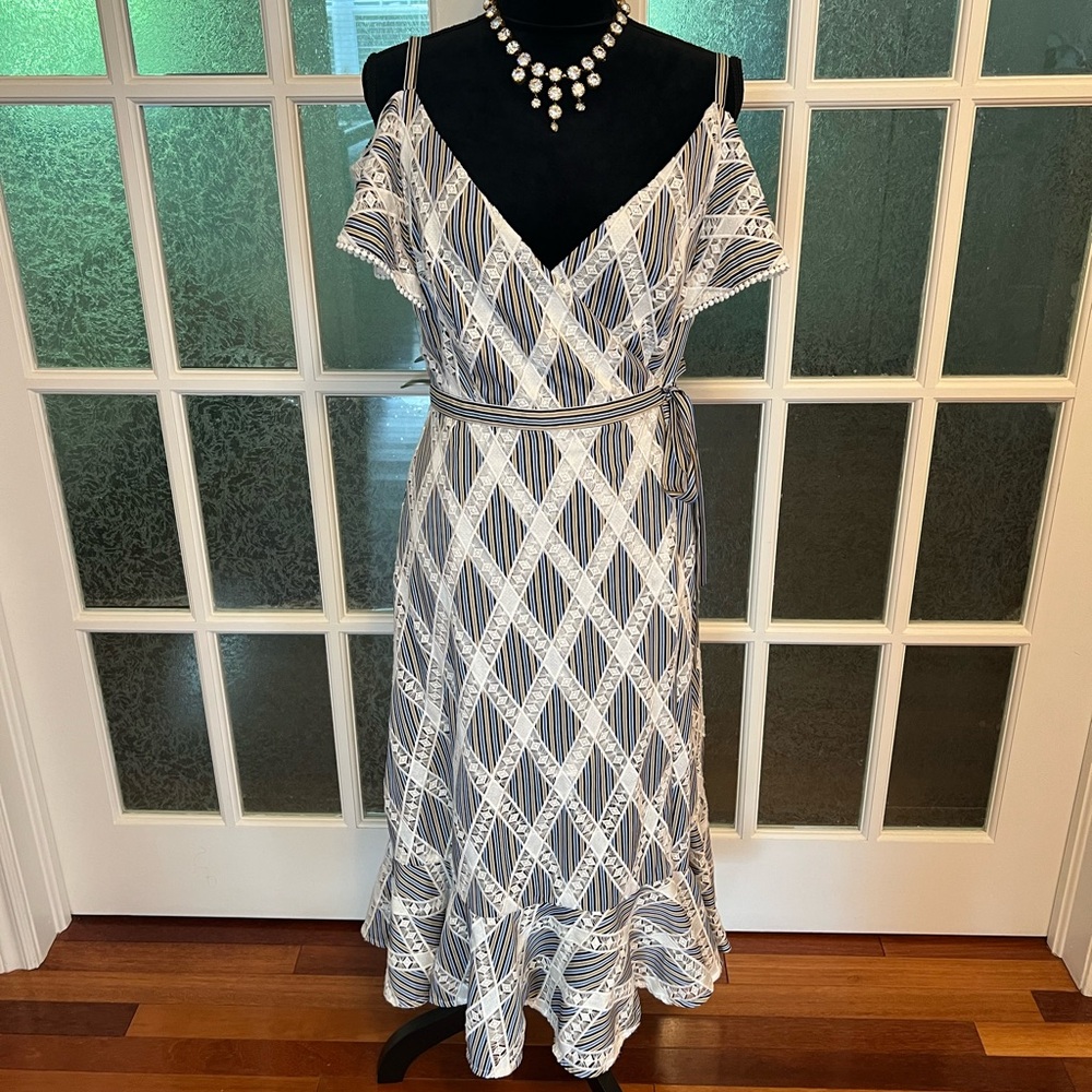 Sandro Blue and White Ruffled Off-the-Shoulder Midi Dress. Sz 40 EUC - Pre ❤️
